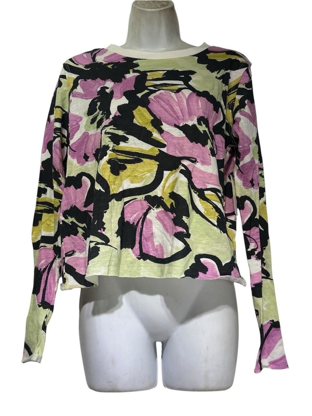 Anthropologie Maeve Caitlin Boxy Long Sleeve Floral Green Raw Hem Shirt Size XS